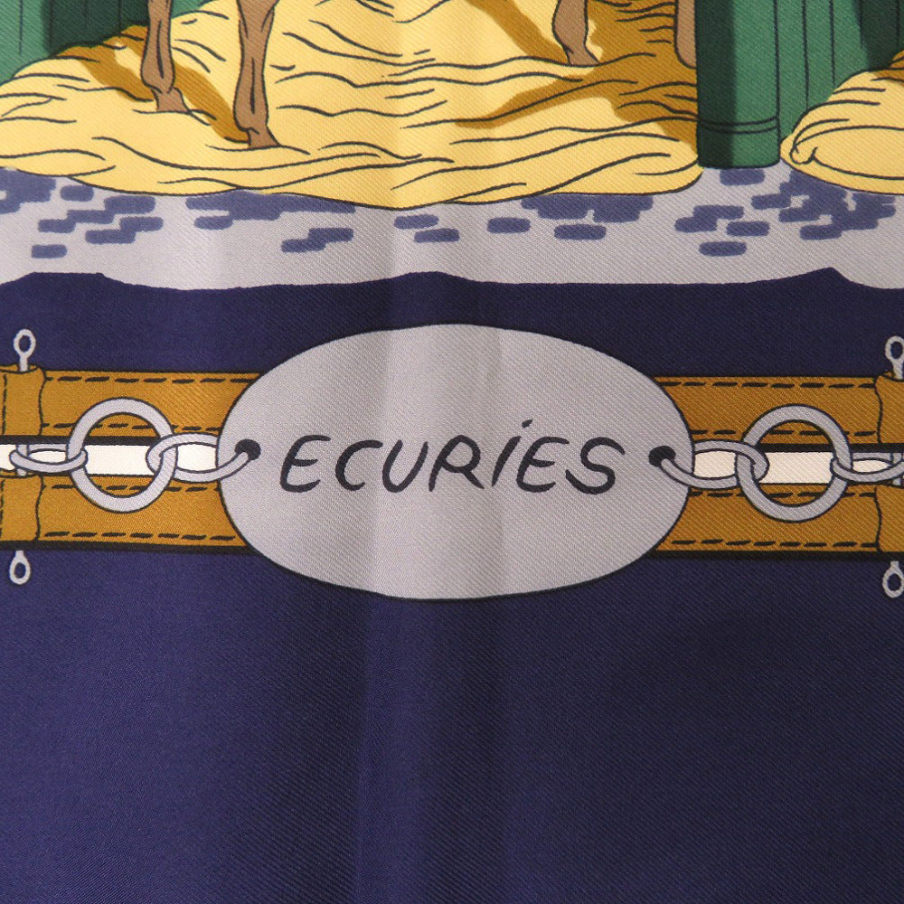 美品 エルメス カレ90 ECURIES 厩舎 シルク ネイビー ブラウン 紺 茶色 スカーフ 0220【中古】HERMES