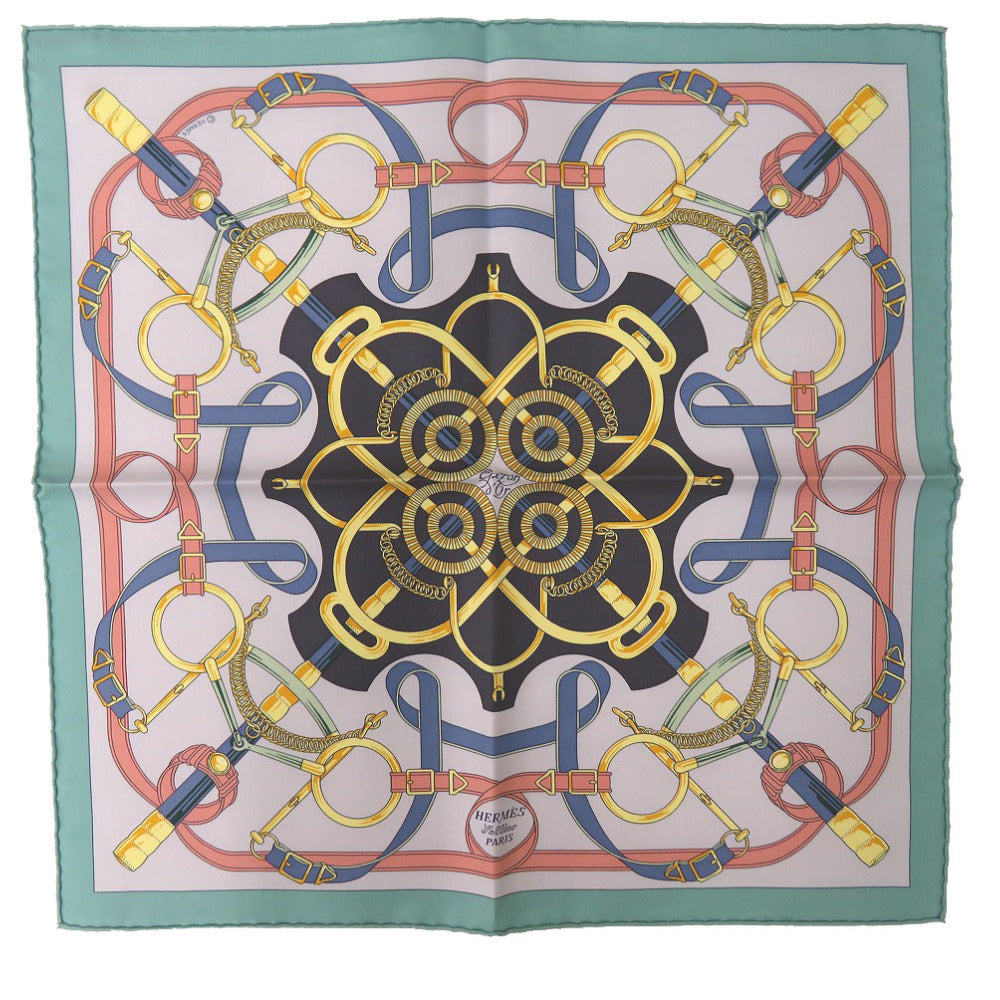 未使用 エルメス カレ45 ガヴロッシュ ツイル エプロンドール 黄金の拍車 CAVROCHE TWILL EPERON D OR シルク グリーン ブルー 水色 0221【中古】HERMES