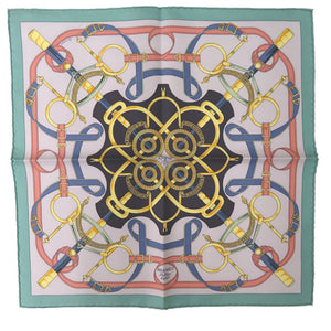 未使用 エルメス カレ45 ガヴロッシュ ツイル エプロンドール 黄金の拍車 CAVROCHE TWILL EPERON D OR シルク グリーン ブルー 水色 0221【中古】HERMES