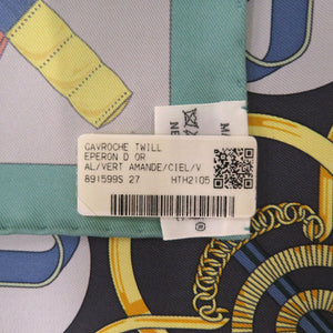 未使用 エルメス カレ45 ガヴロッシュ ツイル エプロンドール 黄金の拍車 CAVROCHE TWILL EPERON D OR シルク グリーン ブルー 水色 0221【中古】HERMES