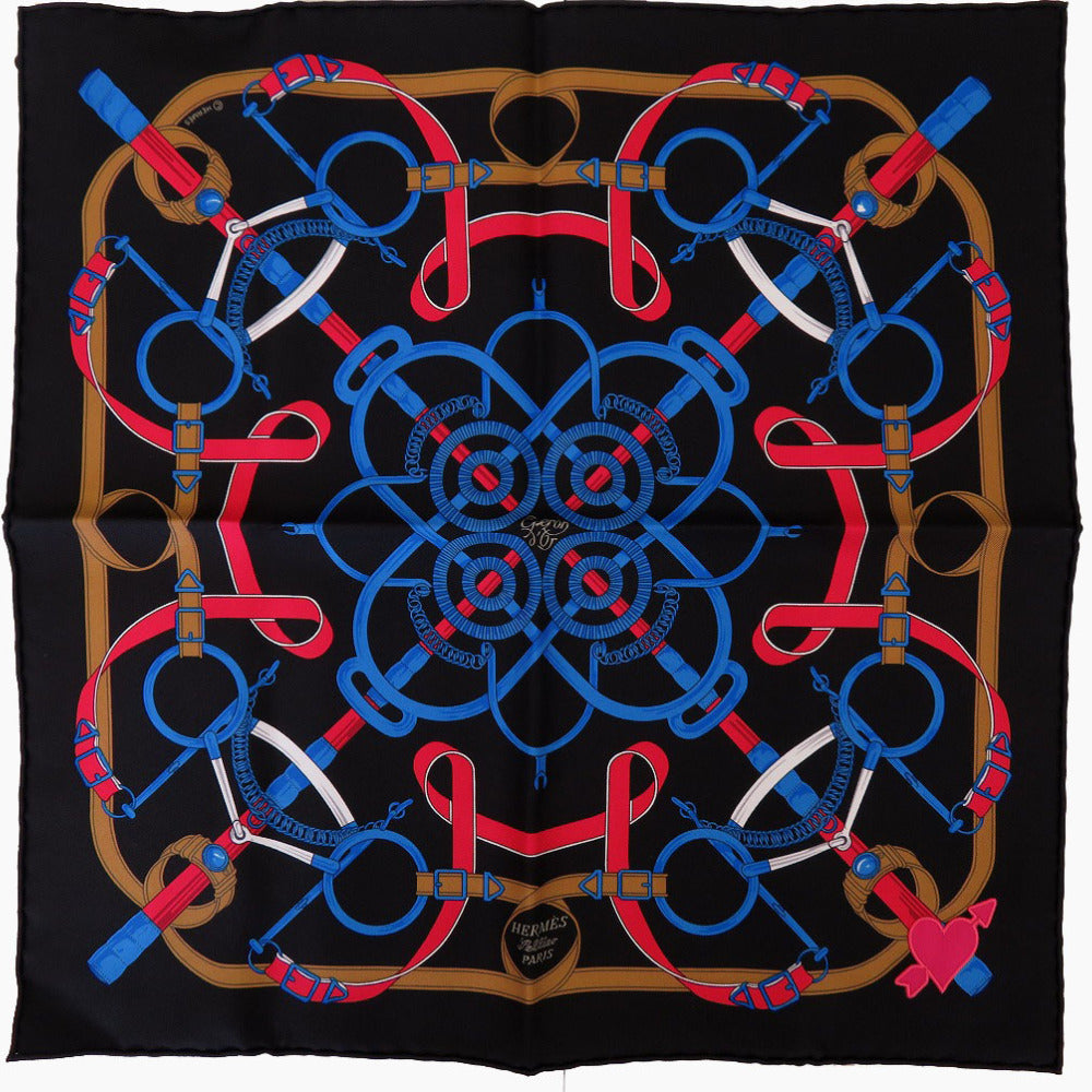未使用 エルメス カレ45 ガヴロッシュ GAVROCHE シルク ブラック ブルー 黒 スカーフ 0222【中古】HERMES