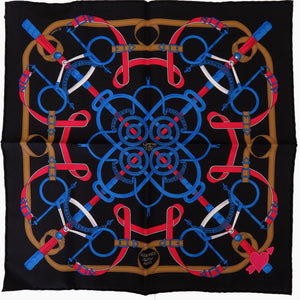 未使用 エルメス カレ45 ガヴロッシュ GAVROCHE シルク ブラック ブルー 黒 スカーフ 0222【中古】HERMES