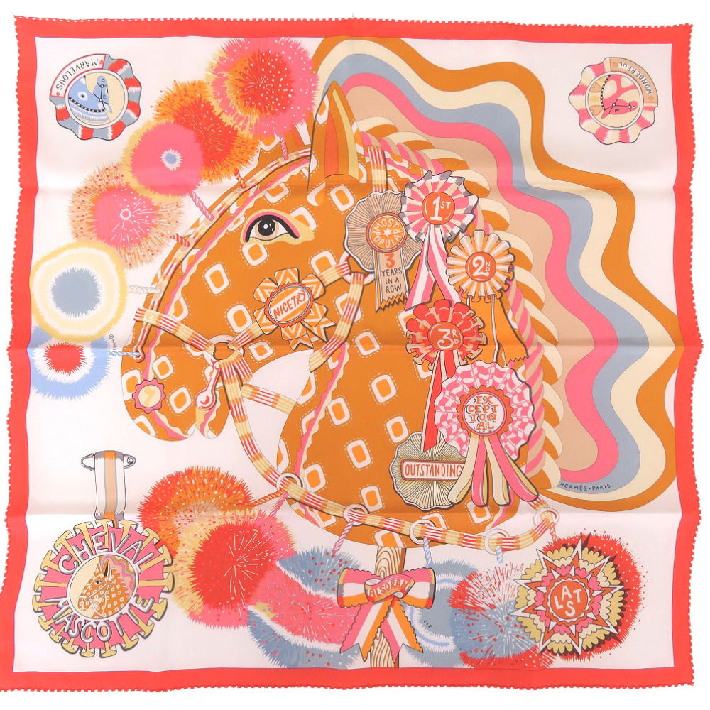 新品同様 エルメス カレ70 シュバルマスコット CHEVAL MASCOTTE  シルク オレンジキュート モルドレ ブラン スカーフ 0226【中古】HERMES