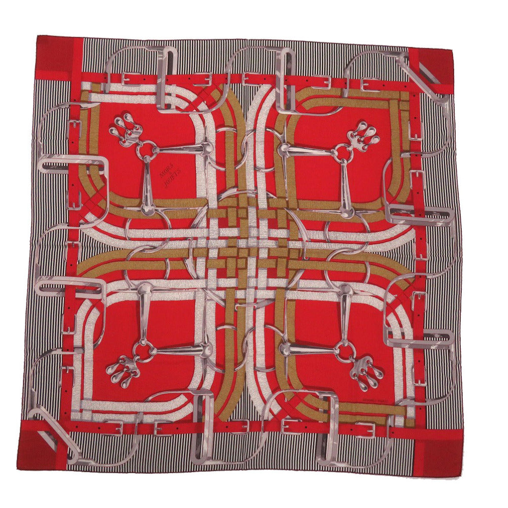 新品同様 エルメス カレジェアン カレ140 MORS A JOUETS 馬銜(ハミ) カシミヤ/シルク ROUGE ルージュ グレー キャメル 赤色 スカーフ 0229【中古】HERMES