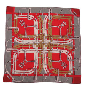 新品同様 エルメス カレジェアン カレ140 MORS A JOUETS 馬銜(ハミ) カシミヤ/シルク ROUGE ルージュ グレー キャメル 赤色 スカーフ 0229【中古】HERMES