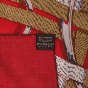 新品同様 エルメス カレジェアン カレ140 MORS A JOUETS 馬銜(ハミ) カシミヤ/シルク ROUGE ルージュ グレー キャメル 赤色 スカーフ 0229【中古】HERMES