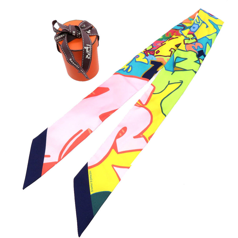 新品同様 エルメス ツイリー グラフィティー スカーフ シルク シトロン マルチカラー 0086【中古】HERMES レディース