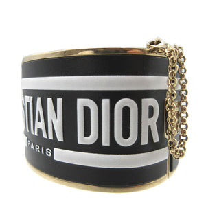 美品 クリスチャンディオール ロゴ レザー メタル ブラック 黒 ゴールド ブレスレット バングル 0110【中古】Christian Dior
