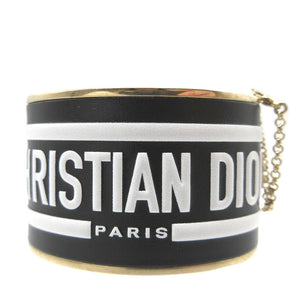 美品 クリスチャンディオール ロゴ レザー メタル ブラック 黒 ゴールド ブレスレット バングル 0110【中古】Christian Dior