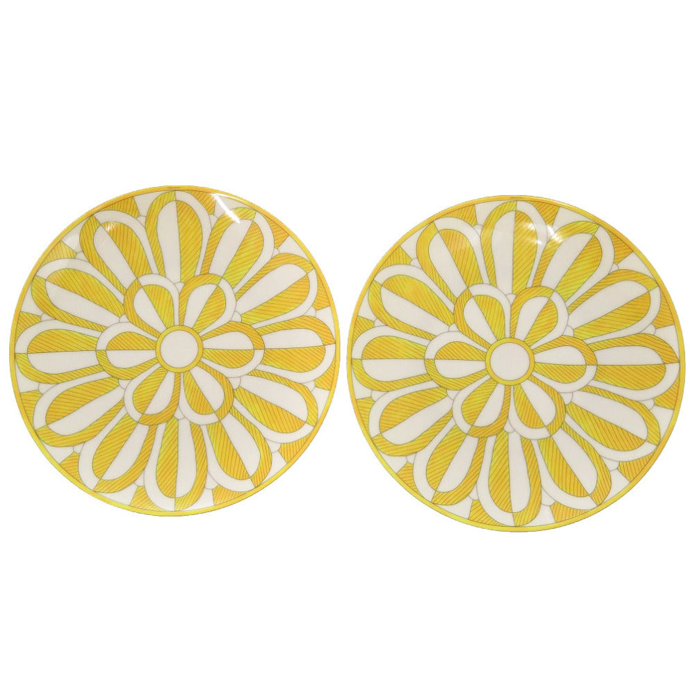 未使用 エルメス ソレイユ ドゥ エルメス Soleil d'Hermes 陶器 ホワイト/イエロー 2枚セット ペア 皿 食器 0133【中古】HERMES