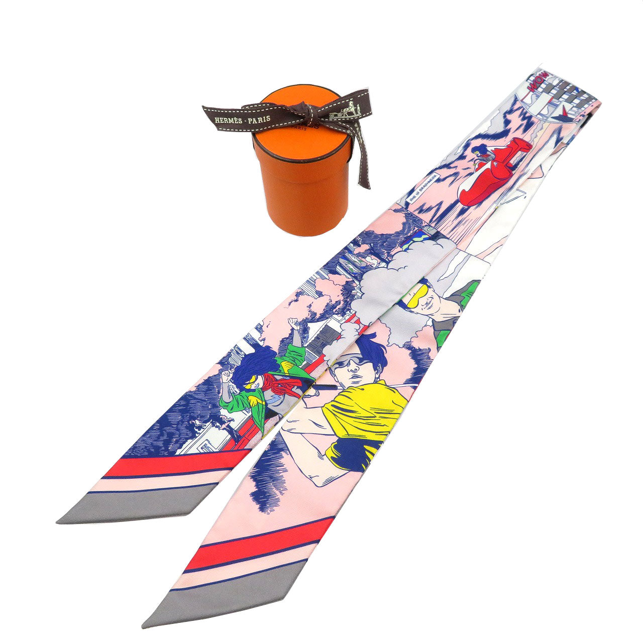 新品同様 エルメス ツイリー WOW 063463S アメコミ柄 シルク グリス ローズ ヴェール マルチカラー スカーフ 0143【中古】HERMES