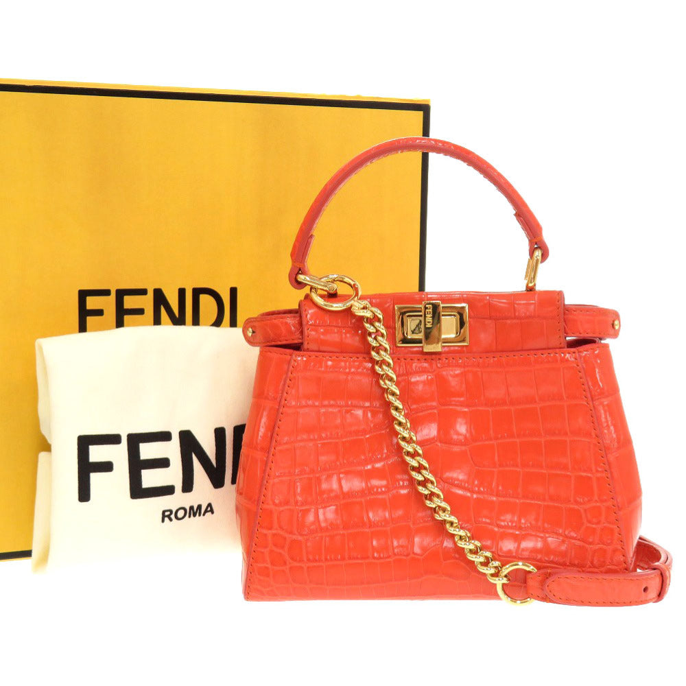 新品同様 フェンディ ピーカブーXS マットクロコ オレンジ ゴールド金具 8BN309 2WAYハンドバッグ 0174 【中古】 FENDI