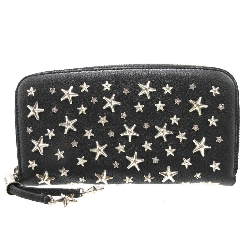 新品同様 ジミーチュウ スタースタッズ レザー ブラック 黒 ラウンドファスナー長財布 財布 0176【中古】JIMMY CHOO