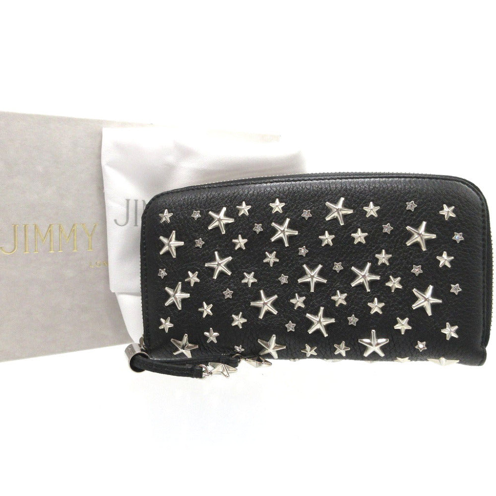 新品同様 ジミーチュウ スタースタッズ レザー ブラック 黒 ラウンドファスナー長財布 財布 0176【中古】JIMMY CHOO