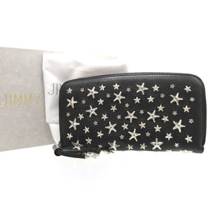 新品同様 ジミーチュウ スタースタッズ レザー ブラック 黒 ラウンドファスナー長財布 財布 0176【中古】JIMMY CHOO