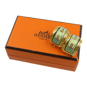 美品 エルメス エマイユ メタル 七宝焼き ゴールド グリーン イヤリング 0181【中古】HEREMS