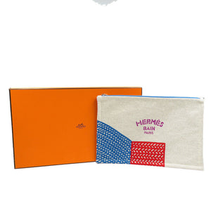 未使用 エルメス ポワソン・ナッテ コットン シルバー金具 ベージュ ブルー オレンジ フラット ポーチ 0187【中古】HERMES