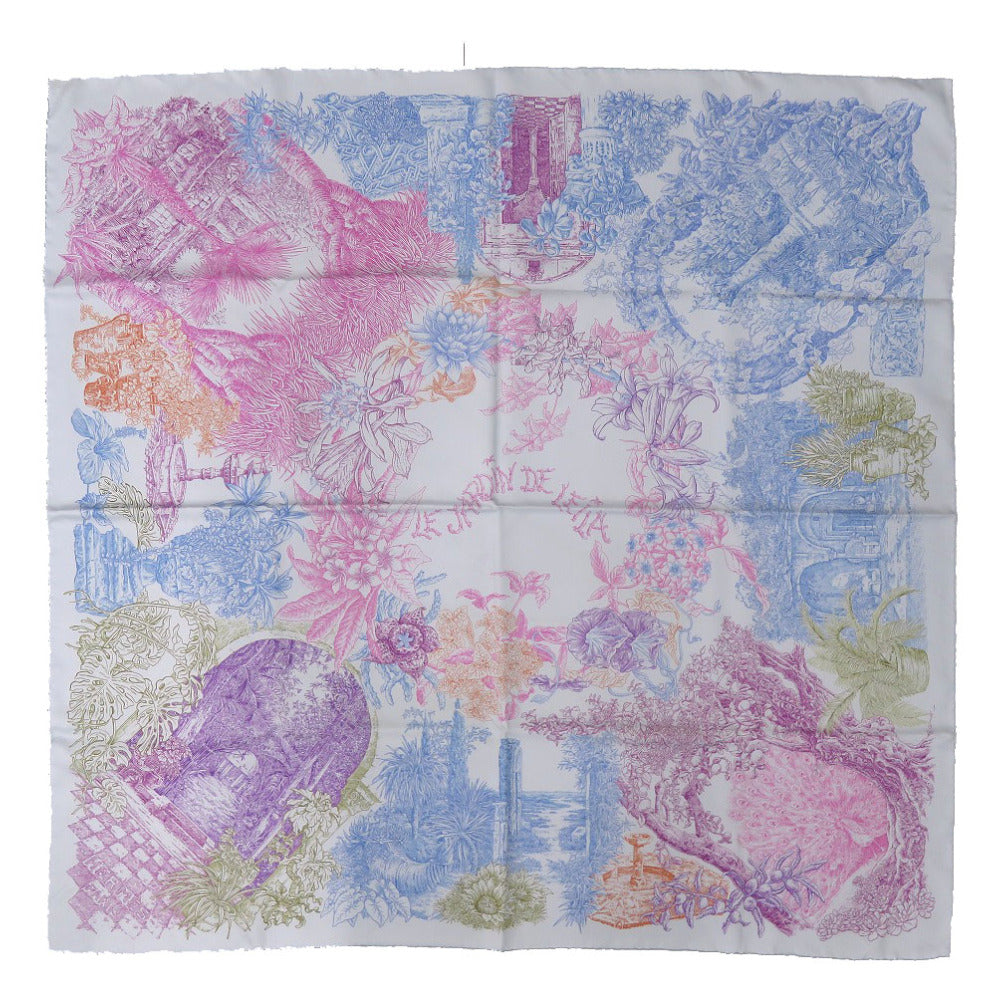 美品 エルメス カレ90 レイラの庭 LE JARDIN DE LEILA ブルー パープル 水色 紫 スカーフ 0191【中古】HERMES