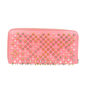 美品 クリスチャンルブタン レザー スタッズ ゴールド金具 ピンク ラウンドファスナー 長財布 0215【中古】Christian Louboutin