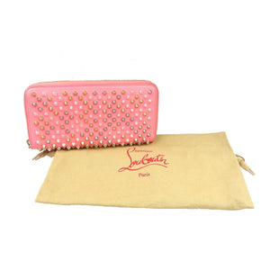 美品 クリスチャンルブタン レザー スタッズ ゴールド金具 ピンク ラウンドファスナー 長財布 0215【中古】Christian Louboutin