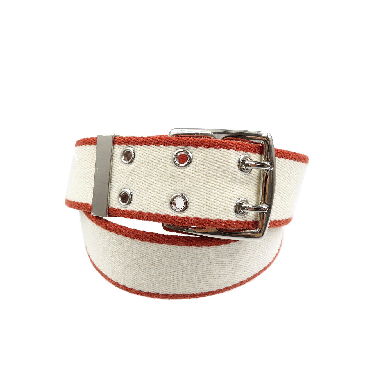 未使用 エルメス ウール ポリアミド シルバー金具 ホワイト 白 オレンジ ベルト 0027【中古】HERMES