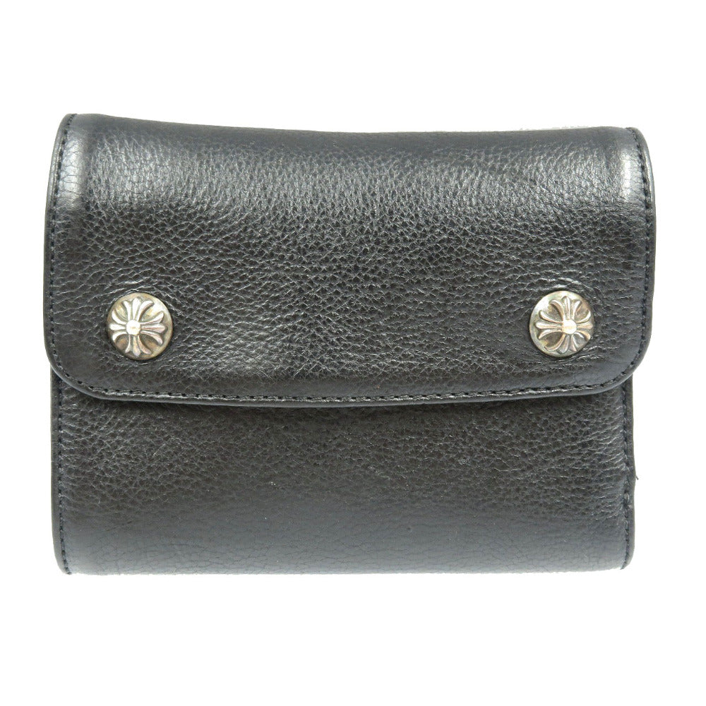 美品 クロムハーツ ウェーブ ミニウォレット クロスボールボタン レザー シルバー925 ブラック 三つ折り財布 0043【中古】CHROME HEARTS