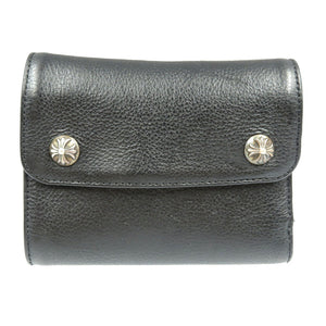 美品 クロムハーツ ウェーブ ミニウォレット クロスボールボタン レザー シルバー925 ブラック 三つ折り財布 0043【中古】CHROME HEARTS