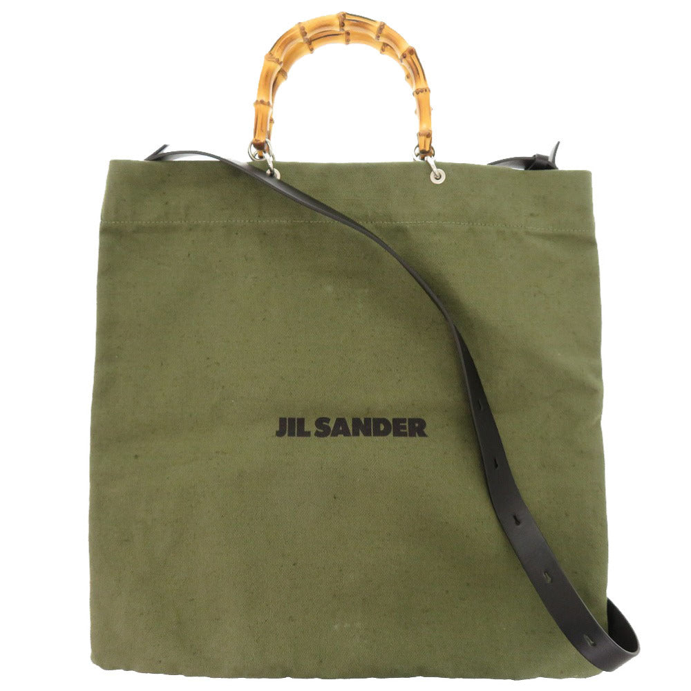 美品 ジルサンダー リネン キャンバス バンブー グリーン 2WAY ハンドバッグ 緑 0084 【中古】 JIL SANDER