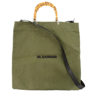美品 ジルサンダー リネン キャンバス バンブー グリーン 2WAY ハンドバッグ 緑 0084 【中古】 JIL SANDER
