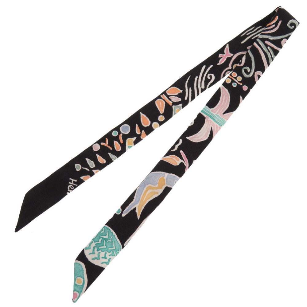 新品同様 エルメス ツイリードール Matthieu Cosse 春の鳥 シルク ノワール ヴェール ローズ スカーフ 黒 0093 【中古】 HERMES