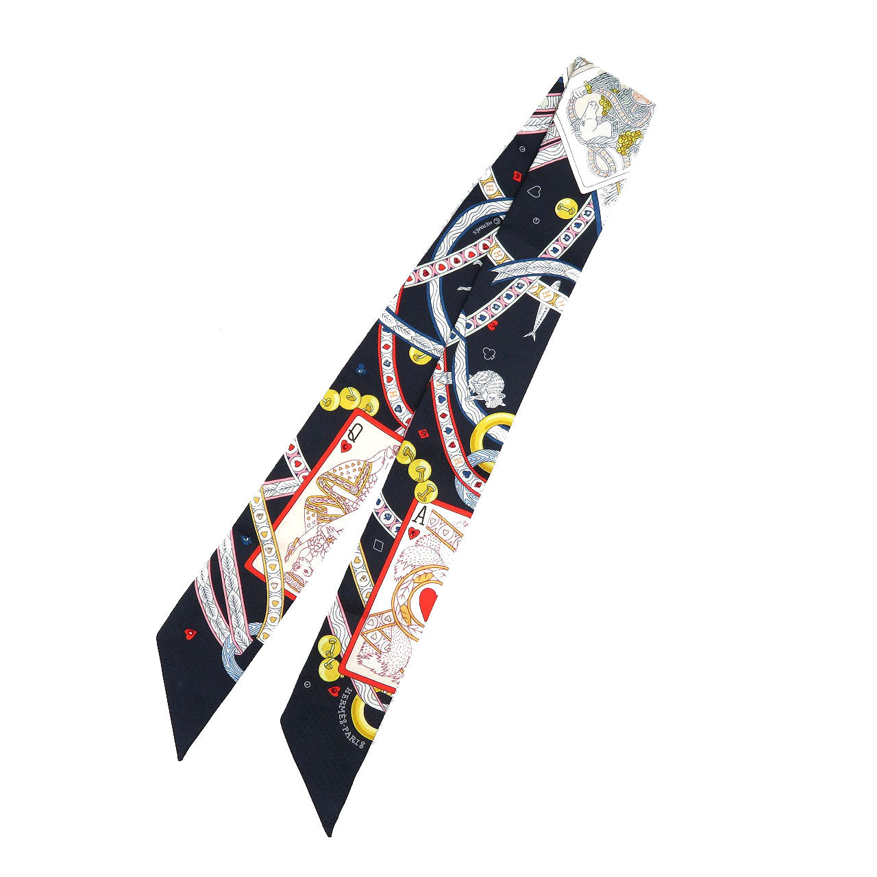 美品 エルメス ツイリー ビジュー Dame de Coeur ハートのクイーン シルク ノワール ルージュ スカーフ 0112【中古】HERMES