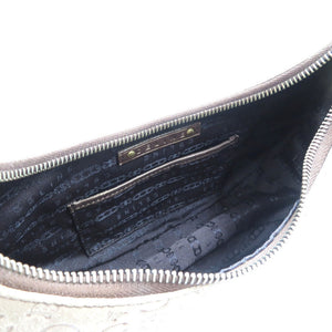 美品 セリーヌ ヴィンテージ ハーフムーン Cマカダム柄 スウェード ゴールド金具 モカ ブラウン ハンドバッグ 0132【中古】CELINE