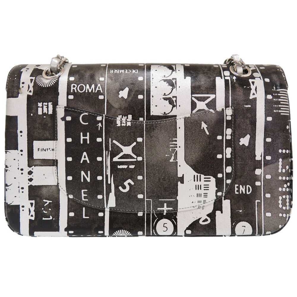 美品 シャネル マトラッセ25 プリント ダブルフラップ レザー ブラック 23番台 シルバー金具 ショルダーバッグ 黒 0003 【中古】 CHANEL