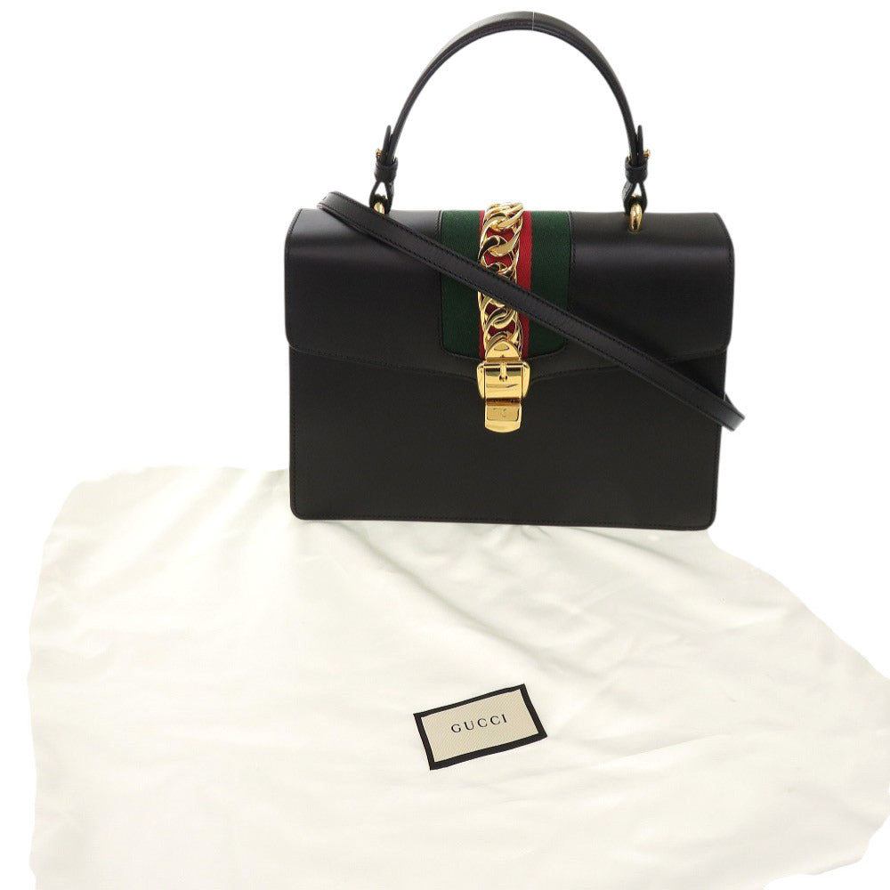 新品同様 グッチ シェリーライン シルヴィ 431665 レザー ブラック 2WAY ハンドバッグ ショルダーバッグ 黒 0024【中古】GUCCI