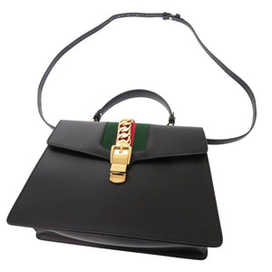 新品同様 グッチ シェリーライン シルヴィ 431665 レザー ブラック 2WAY ハンドバッグ ショルダーバッグ 黒 0024【中古】GUCCI