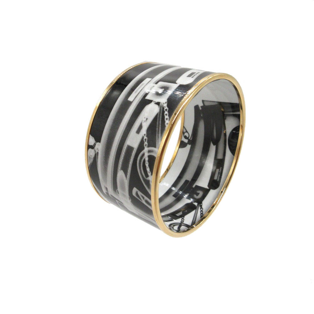 未使用品 エルメス プリーズチェックイン エクストララージ バングル メタル/エナメル ブラック ホワイト 0169【中古】HERMES