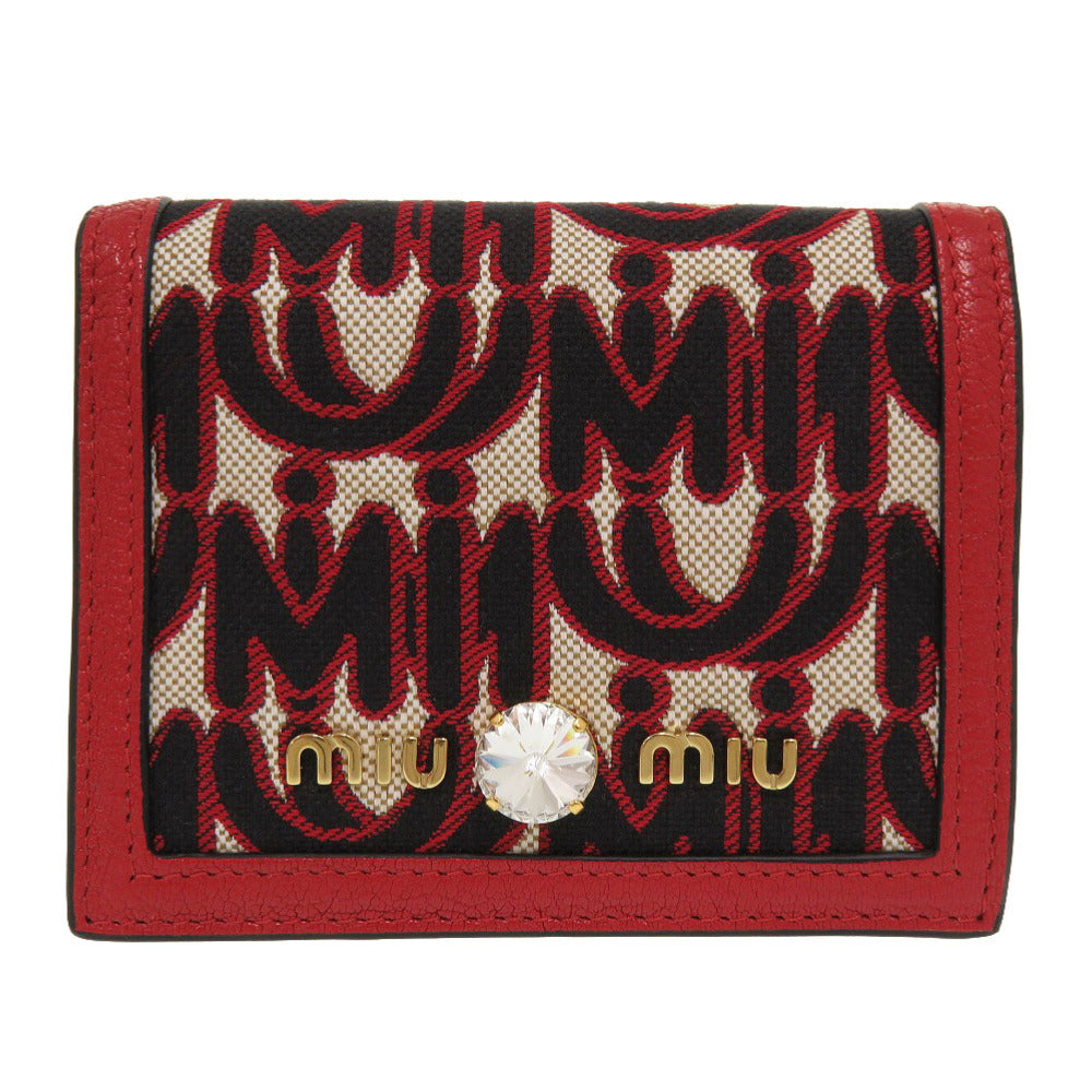 新品同様 ミュウミュウ マドラス ジャガード 5MV204 レザー キャンバス レッド 二つ折り財布 赤 0211 【中古】 MIUMIU