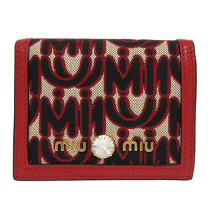 新品同様 ミュウミュウ マドラス ジャガード 5MV204 レザー キャンバス レッド 二つ折り財布 赤 0211 【中古】 MIUMIU