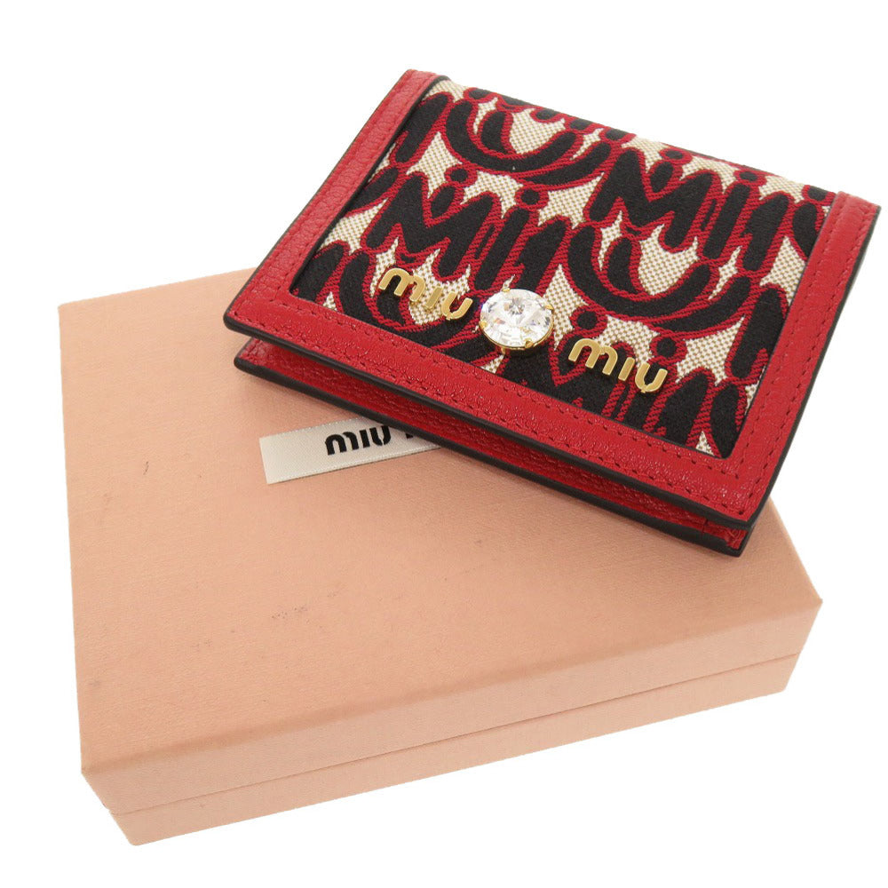 新品同様 ミュウミュウ マドラス ジャガード 5MV204 レザー キャンバス レッド 二つ折り財布 赤 0211 【中古】 MIUMIU