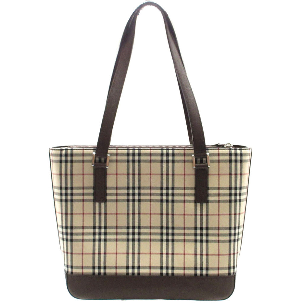 新品同様 バーバリー チェック キャンバス レザー ベージュ ブラウン 茶 トートバッグ 1110【中古】BURBERRY