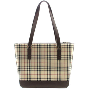 新品同様 バーバリー チェック キャンバス レザー ベージュ ブラウン 茶 トートバッグ 1110【中古】BURBERRY