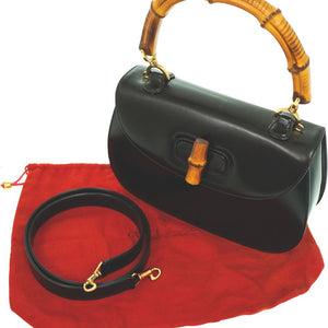 美品 グッチ バンブー ショルダー ハンド バッグ レザー ブラック 黒 ショルダーストラップ付 1294【中古】GUCCI