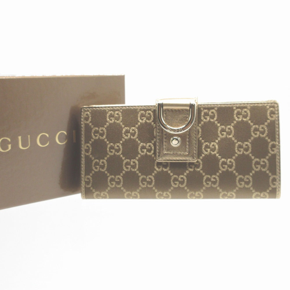 新品同様 グッチ 141412 GGキャンバス レザー ゴールド 2つ折り長財布 財布 1430【中古】GUCCI