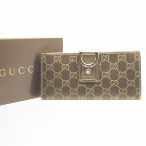新品同様 グッチ 141412 GGキャンバス レザー ゴールド 2つ折り長財布 財布 1430【中古】GUCCI