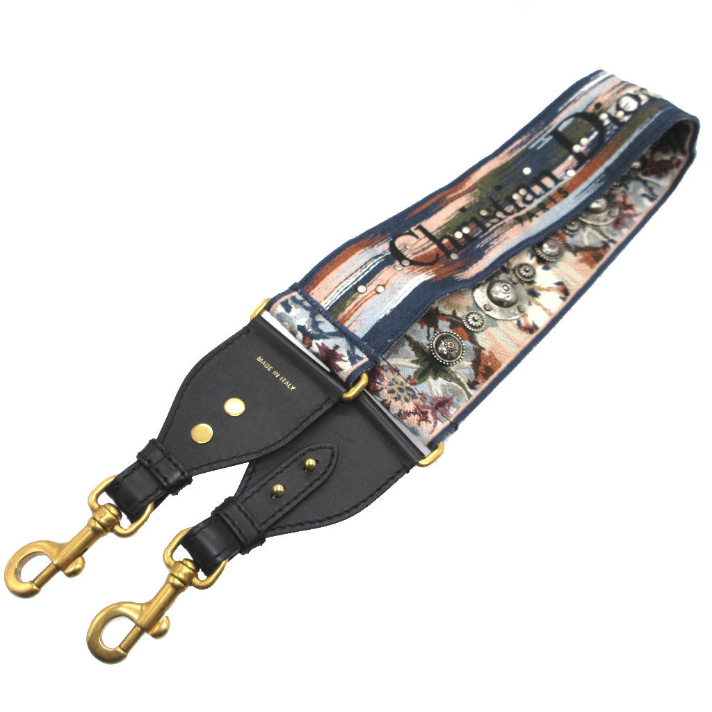 美品 クリスチャンディオール エンブロイダリー 花柄 刺繡 キャンバス レザー ブラック 黒 マルチカラー ショルダーストラップ 0145【中古】Christian Dior