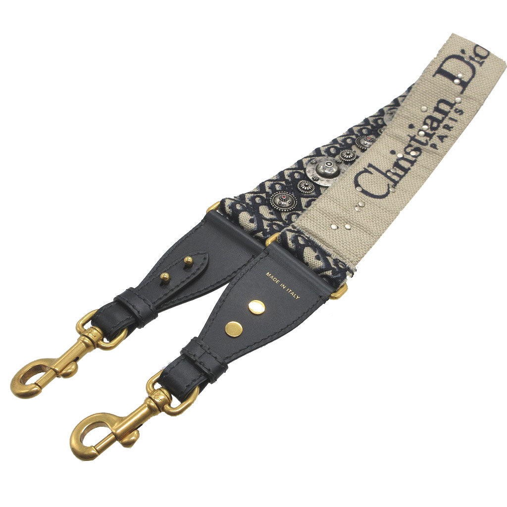 美品 クリスチャンディオール オブリーク エンブロイダリー キャンバス レザー ネイビー 紺 ショルダーストラップ 0285【中古】Christian Dior