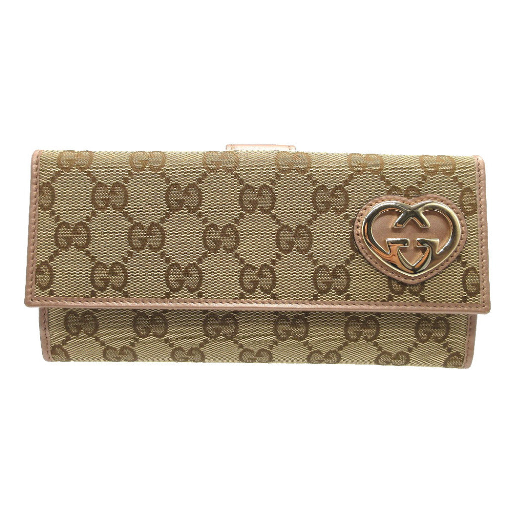 未使用 グッチ ラブリーハート 245723 GGキャンバス レザー ベージュ パープル 紫 Wホック長財布 財布 0474【中古】GUCCI