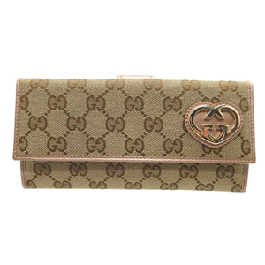 未使用 グッチ ラブリーハート 245723 GGキャンバス レザー ベージュ パープル 紫 Wホック長財布 財布 0474【中古】GUCCI