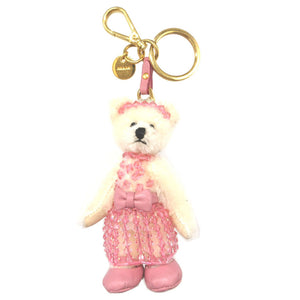 美品 プラダ 1T0036 ベア クマ レザー ピンク アイボリー バッグチャーム キーホルダー 0512-1【中古】PRADA