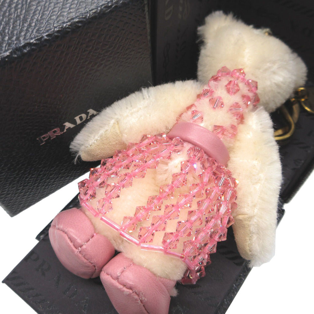 美品 プラダ 1T0036 ベア クマ レザー ピンク アイボリー バッグチャーム キーホルダー 0512-1【中古】PRADA
